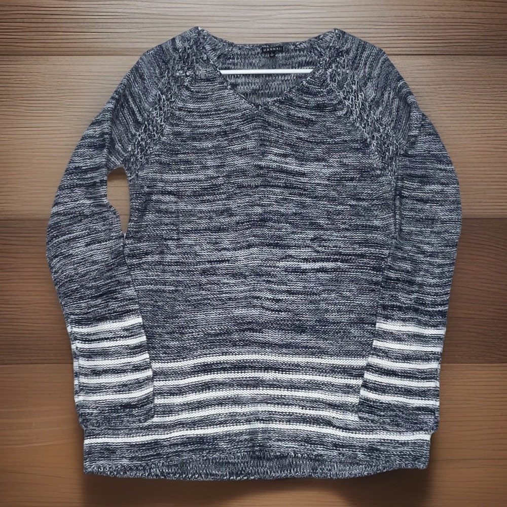 Hannah Women's Sweater Size LARGE Blue Super Soft Sleeve Stripes V-neck